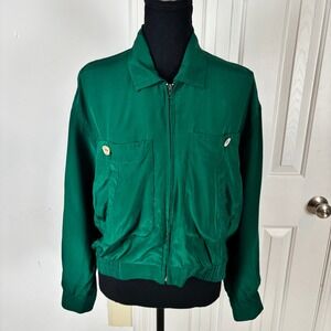 First Issue Emerald Green 100% Silk Full Zip Bomber Jacket Womens Medium Vintage